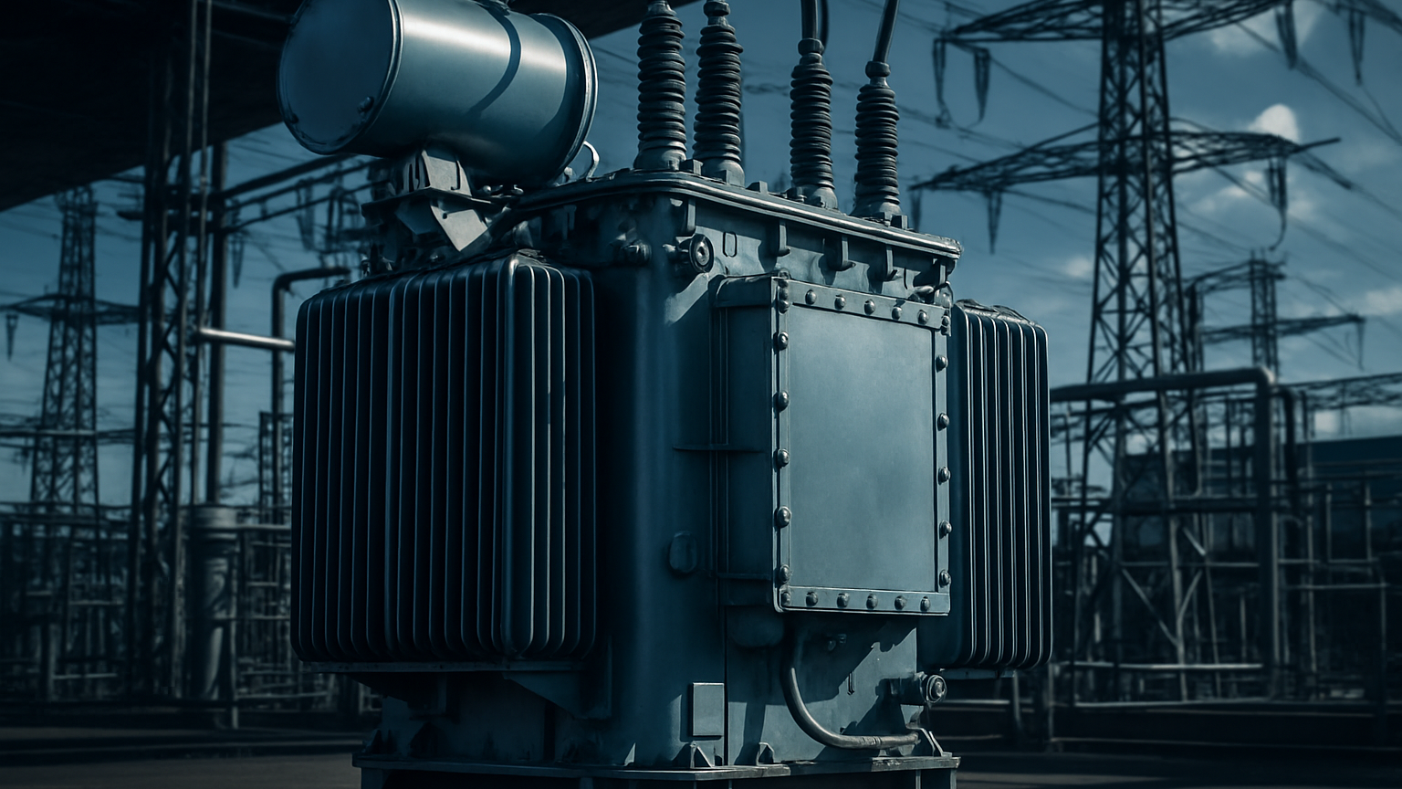 Genera una imagen realista y de alta calidad de un transformador eléctrico industrial instalado en una planta moderna, con entorno de subestación eléctrica, cables y torres metálicas de fondo. El enfoque debe ser en el transformador, transmitiendo robustez, innovación y energía. Estilo profesional, iluminación industrial, colores sobrios (azules, grises, metálicos).

